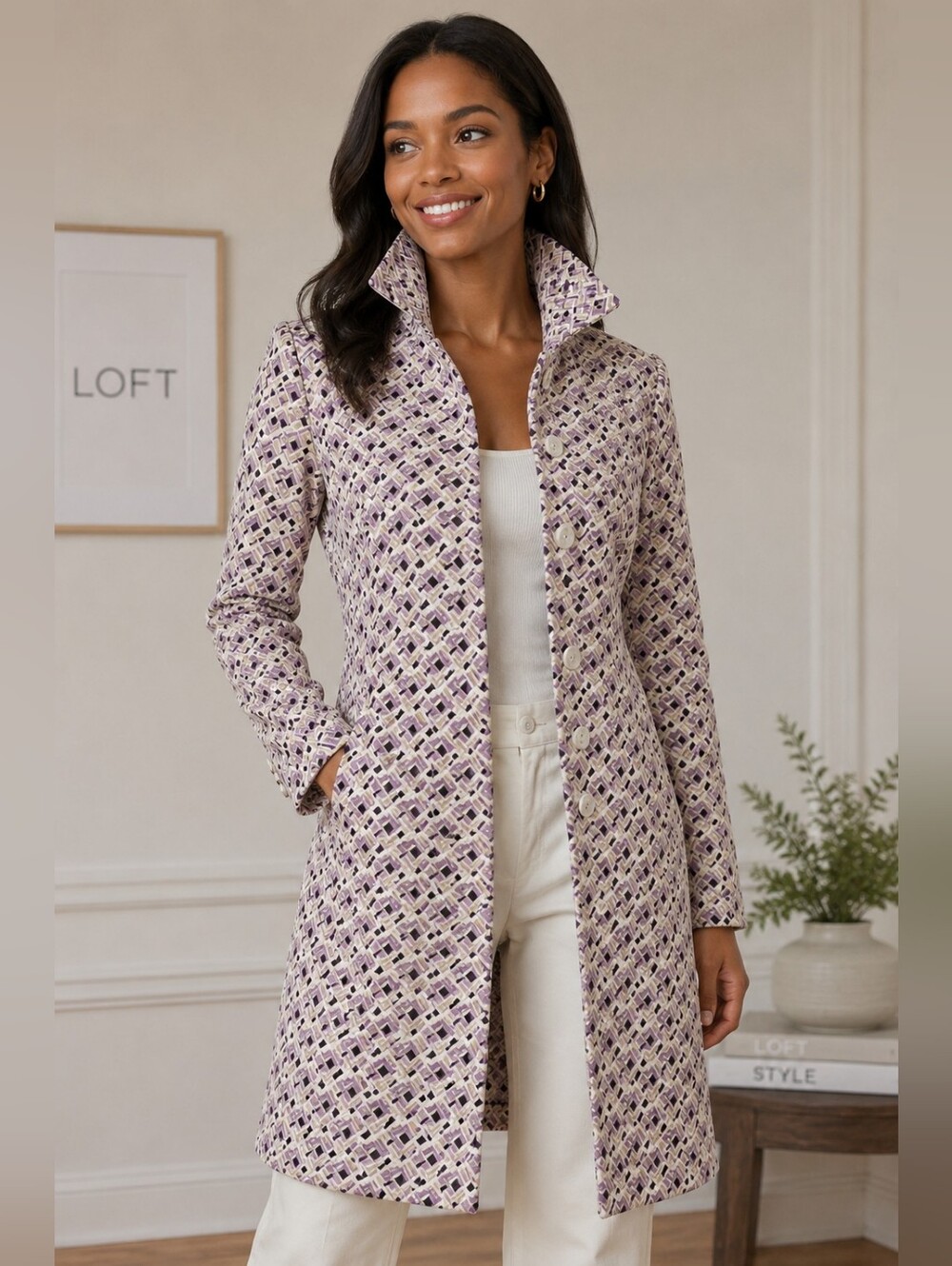 LOFT Patterned Purple & Cream Long Coat